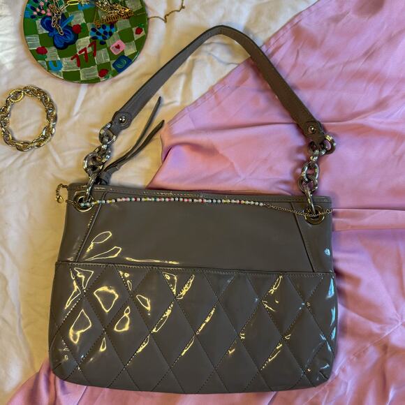 COACH F17638 Quilted Patent Leather Shoulder Bag | Taupe Gray Pop Pocket Hobo - Picture 6 of 10